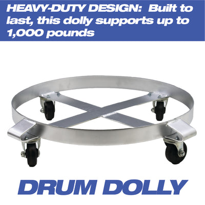 55-Gallon Drum and Garbage Can Dolly – Heavy-Duty Metal Dolly with Cross Braces and Caster Wheels – 1,000-Pound Capacity (Silver)