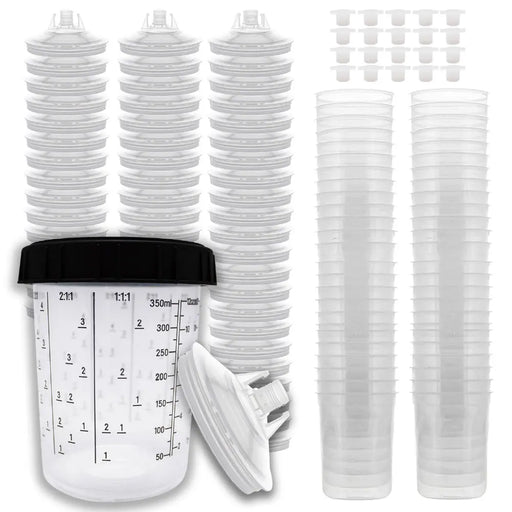 Disposable Paint Spray Gun Cups Liners and Lid System, 50 pack Large Size 13.5 Ounce (400ml) Kit - 50 Cup Liners, 50 Lids with 125 Mic Strainer, 1 Hard Cup with Retainer Ring and 20 Plugs - National Supply Company