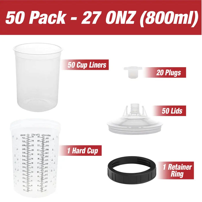 Disposable Paint Spray Gun Cups Liners and Lid System, 50 pack Large Size 27 Ounce (800ml) Kit - 50 Cup Liners, 50 Lids with 125 Mic Strainer, 1 Hard Cup with Retainer Ring and 20 Plugs - National Supply Company