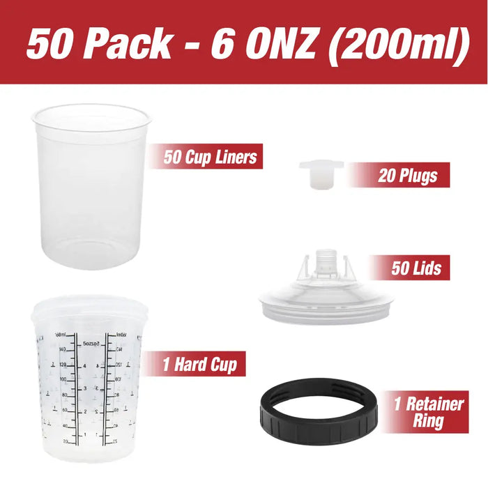 Disposable Paint Spray Gun Cups Liners and Lid System, 50 pack Mini Size 6 Ounce (200ml) Kit - 50 Cup Liners, 50 Lids with 190 Mic Strainer, 1 Hard Cup with Retainer Ring and 20 Plugs - National Supply Company