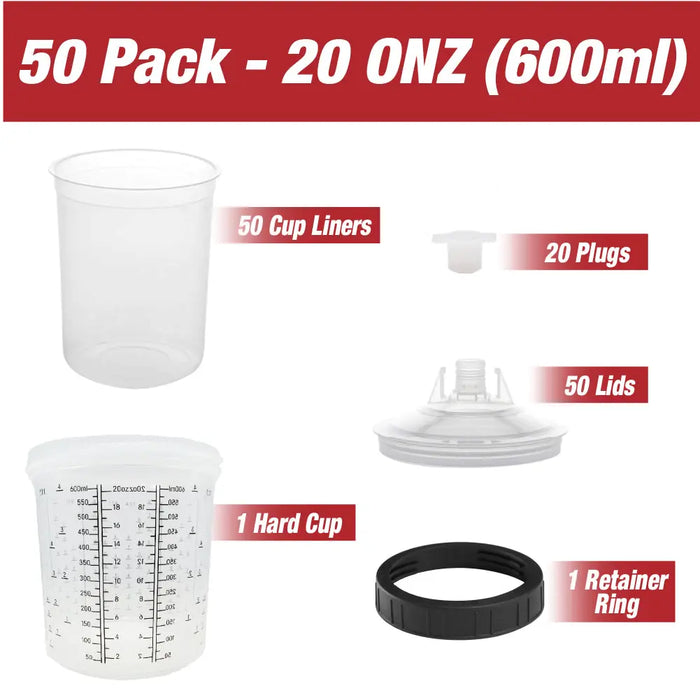 Disposable Paint Spray Gun Cups Liners and Lid System, 50 pack Standard Size 20 Ounce (600ml) Kit - 50 Cup Liners, 50 Lids with 125 Mic Strainer, 1 Hard Cup with Retainer Ring and 20 Plugs - National Supply Company