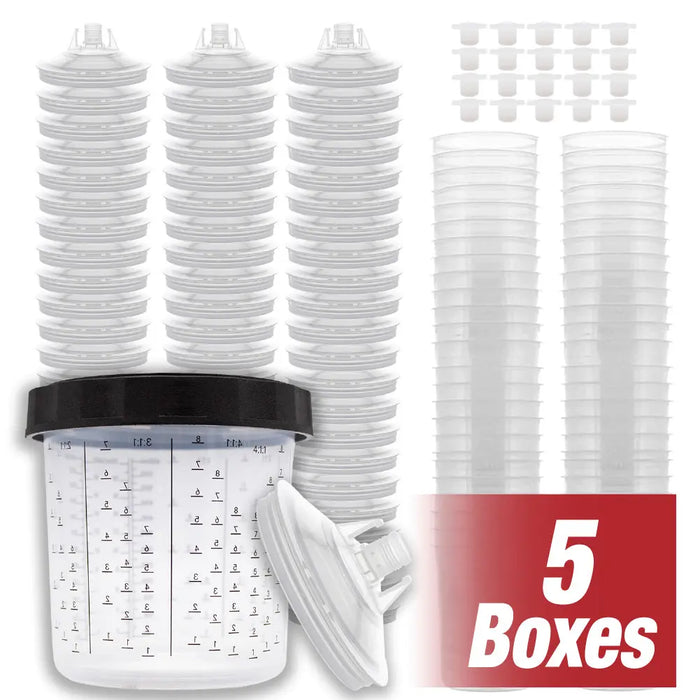 Disposable Paint Spray Gun Cups Liners and Lid System, 50 pack Standard Size 20 Ounce (600ml) Kit - 50 Cup Liners, 50 Lids with 190 Mic Strainer, 1 Hard Cup with Retainer Ring and 20 Plugs - National Supply Company