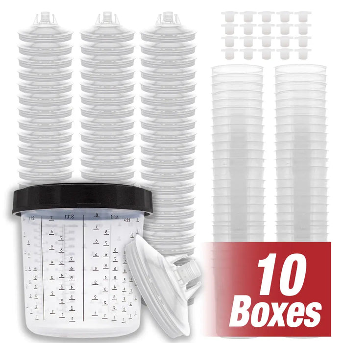 Disposable Paint Spray Gun Cups Liners and Lid System, 50 pack Standard Size 20 Ounce (600ml) Kit - 50 Cup Liners, 50 Lids with 190 Mic Strainer, 1 Hard Cup with Retainer Ring and 20 Plugs - National Supply Company