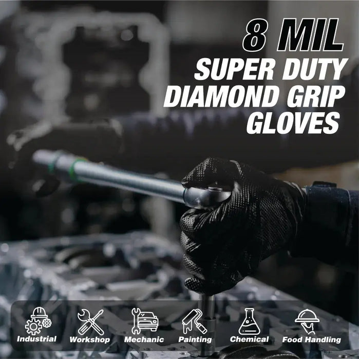 Heavy Duty 8-mil Industrial Black Nitrile Gloves with Raised Diamond Texture - Box of 100 - Latex Free, Powder Free - National Supply Company