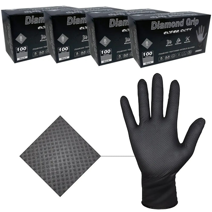 Heavy Duty 8-mil Industrial Black Nitrile Gloves with Raised Diamond Texture - Box of 400 - Latex Free, Powder Free National Supply Company