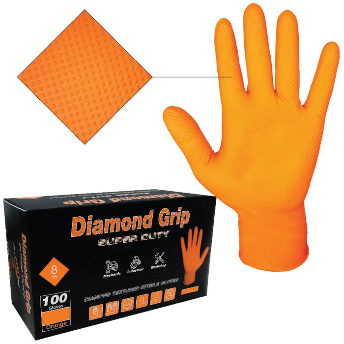 Heavy Duty 8-mil Industrial Orange Nitrile Gloves with Raised Diamond Texture - Box of 100 - Latex Free, Powder Free - National Supply Company