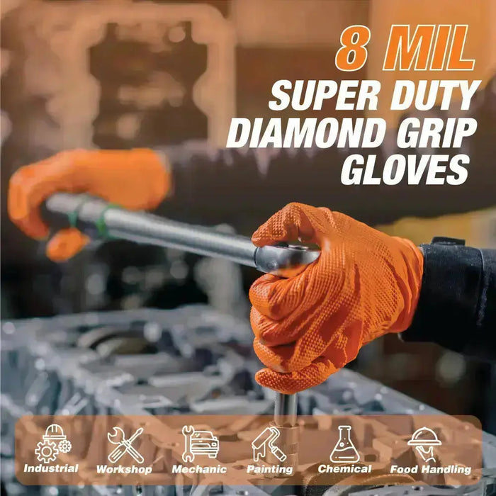 Heavy Duty 8-mil Industrial Orange Nitrile Gloves with Raised Diamond Texture - Box of 200 - Latex Free, Powder Free - National Supply Company