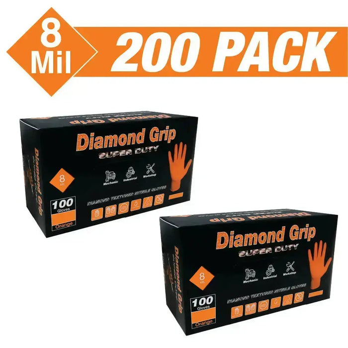 Heavy Duty 8-mil Industrial Orange Nitrile Gloves with Raised Diamond Texture - Box of 200 - Latex Free, Powder Free - National Supply Company