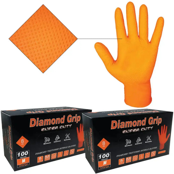 Heavy Duty 8-mil Industrial Orange Nitrile Gloves with Raised Diamond Texture - Box of 200 - Latex Free, Powder Free - National Supply Company