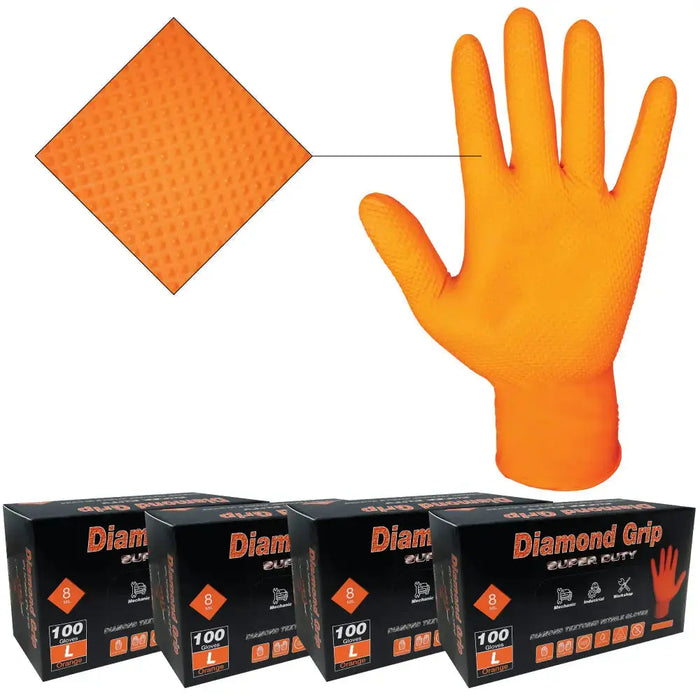 Heavy Duty 8-mil Industrial Orange Nitrile Gloves with Raised Diamond Texture - Box of 400 - Latex Free, Powder Free - National Supply Company