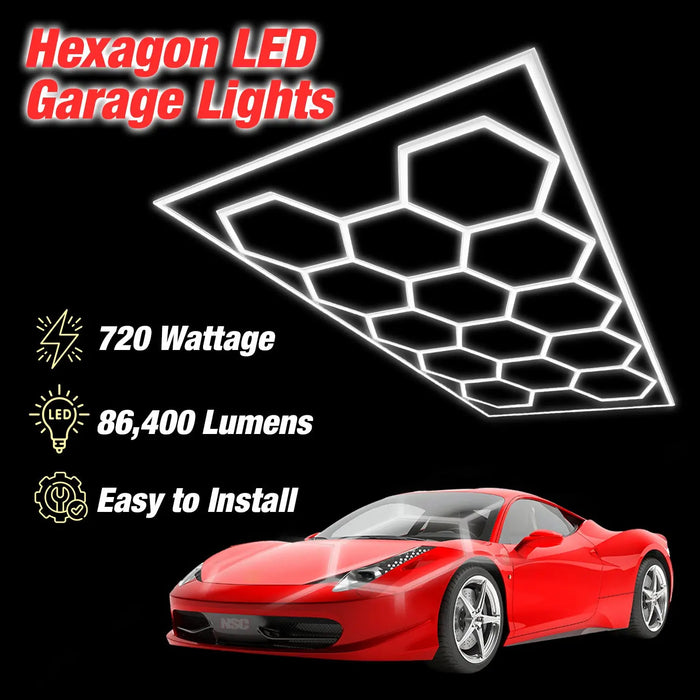 Hexagon Garage LED Light, 14 Grid Honeycomb System with Outer Rectangle Frame 96 INCH x 190 INCH - National Supply Company