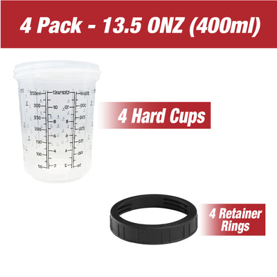 4 Pack Set of Medium Size 13.5 Ounce (400ml) Hard Cups and Retainer Rings