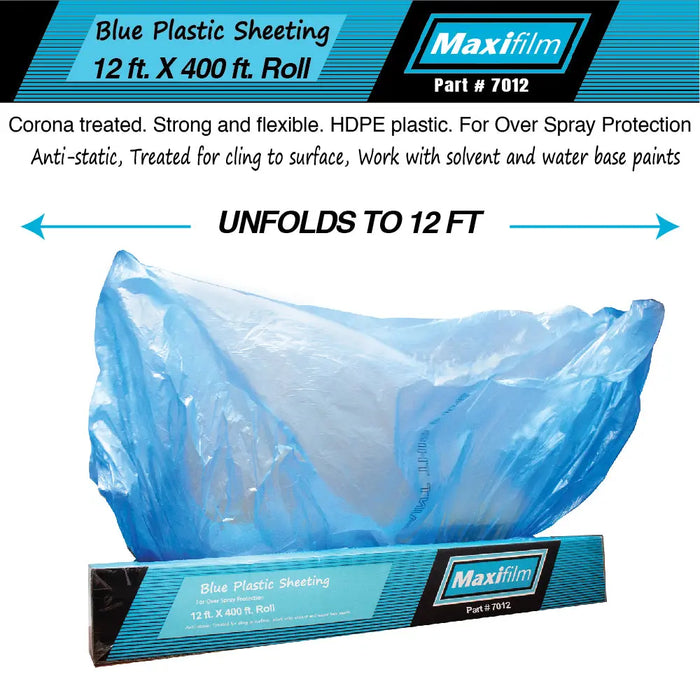 Maxifilm 12ft x 400 ft Roll Blue Premium Overspray Paintable Plastic Sheeting - 8 Micron, 0.3 Mil - National Supply Company