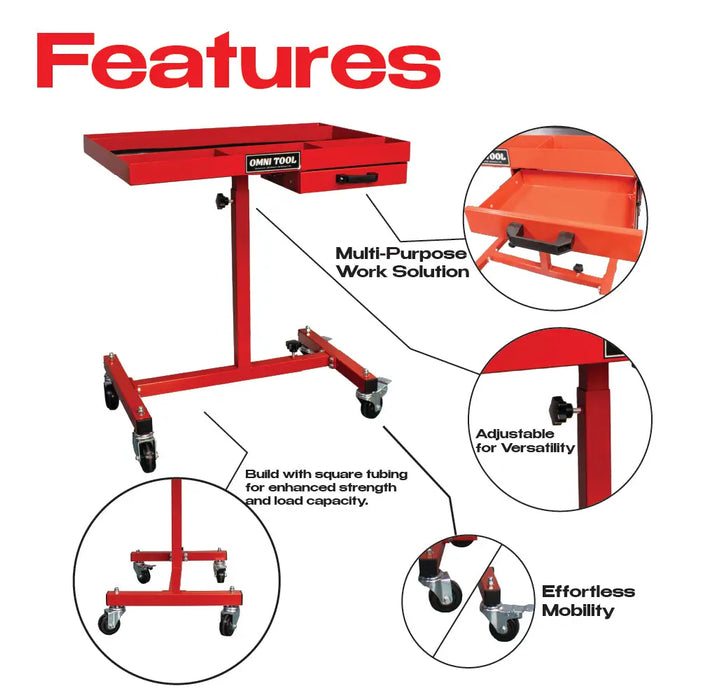 Omni Tool Rolling Work Table, Adjustable Mobile Tray Cart, 220 lb Capacity National Supply Company